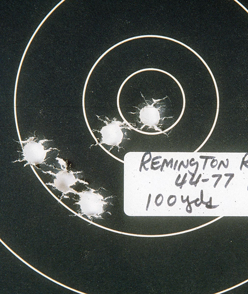 Despite a less-than-perfect bore, a Remington No. 1 rolling block Sporting Rifle is capable of this sort of accuracy with black-powder handloads.